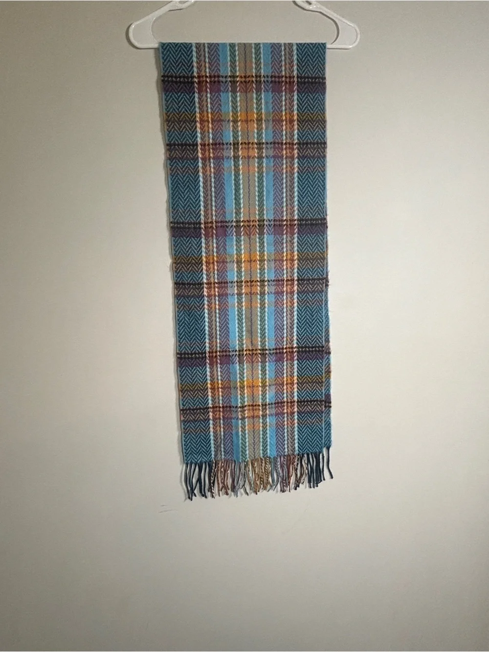 croft & barrow teal, light blue, mustard, purple plaid fringe scarf